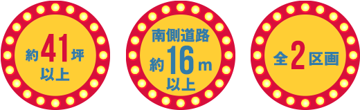 約41坪 以上　南側道路 約16m 以上　全2区画